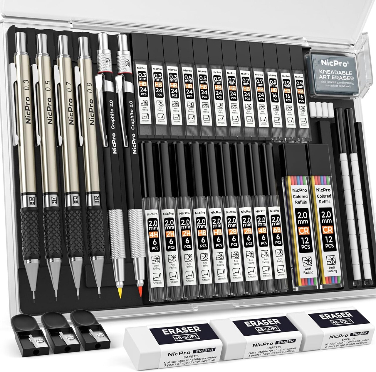 37-Piece Art & Mechanical Pencil Set – 4 Metal Drafting Pencils (0.3/0.5/0.7/0.9mm) & 2 Lead Holders (2mm, 6B–4H Graphite + 36 Colors) with 23 Tubes of Refills, Erasers & Case – Perfect for Sketching, Drawing, and School (Black)